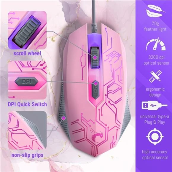 Pink Gaming Keyboard and Mouse Headset Headphones and Mouse pad, Wired LED RGB - Picture 5 of 6